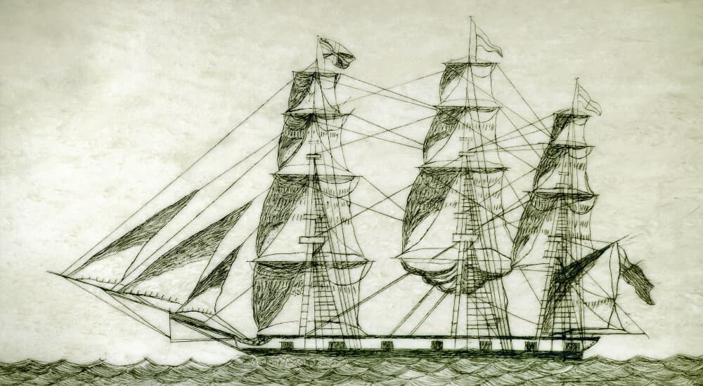 A detailed line drawing of a three-masted sailing ship on the water.