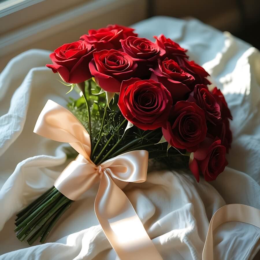 A bouquet of red roses tied with a satin ribbon rests on a soft white surface.