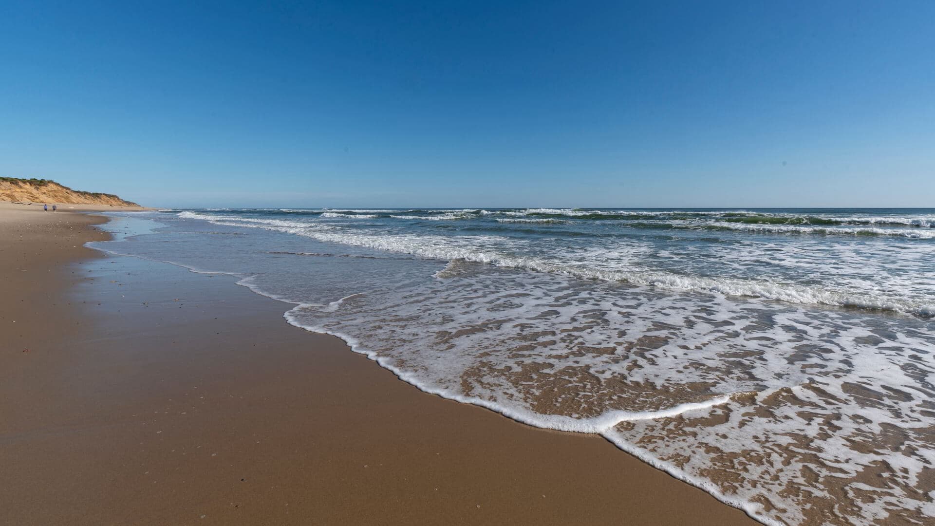 A serene beach scene with gentle waves lapping at the sandy shore under a clear blue sky.