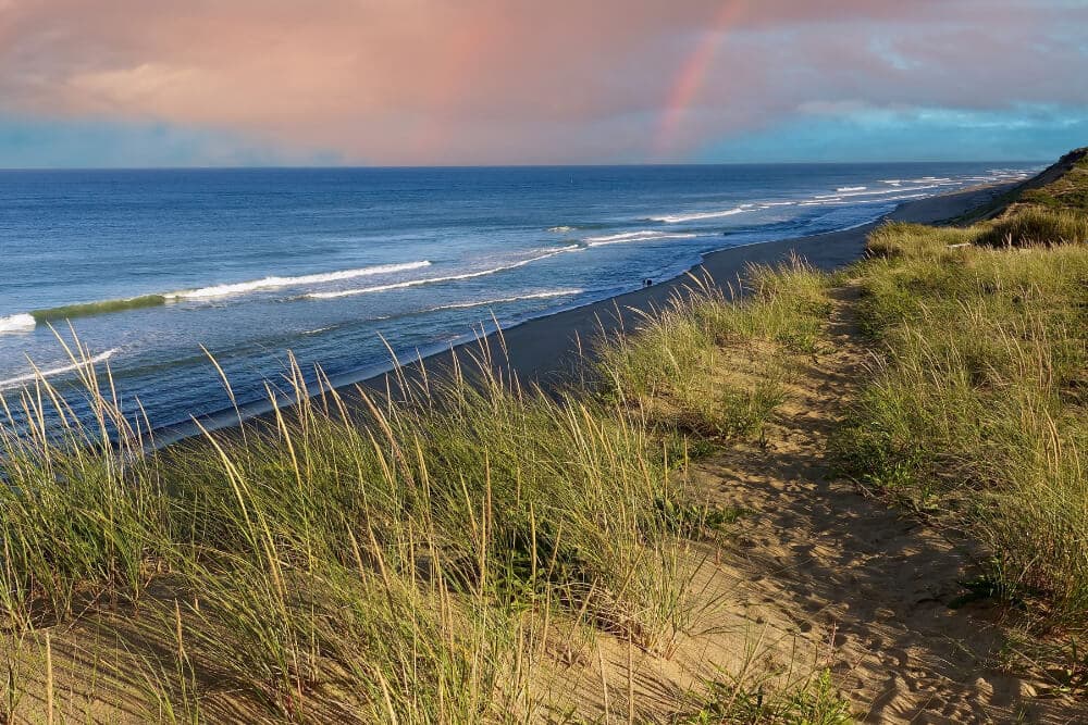 A tranquil beach scene featuring golden sand dunes, lush grass, and a rainbow in the sky above the calm ocean waves.