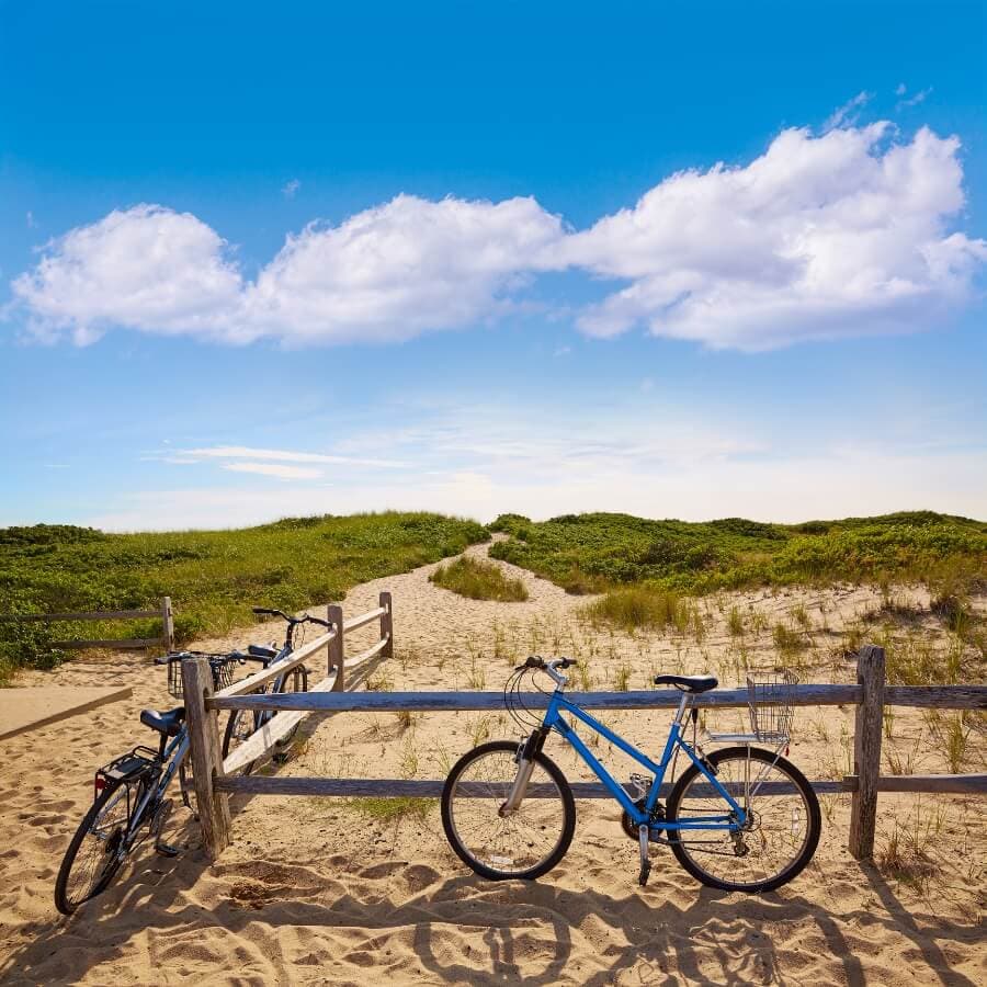 Two bicycles parked by a sandy pathway leading to a beach under a clear blue sky.