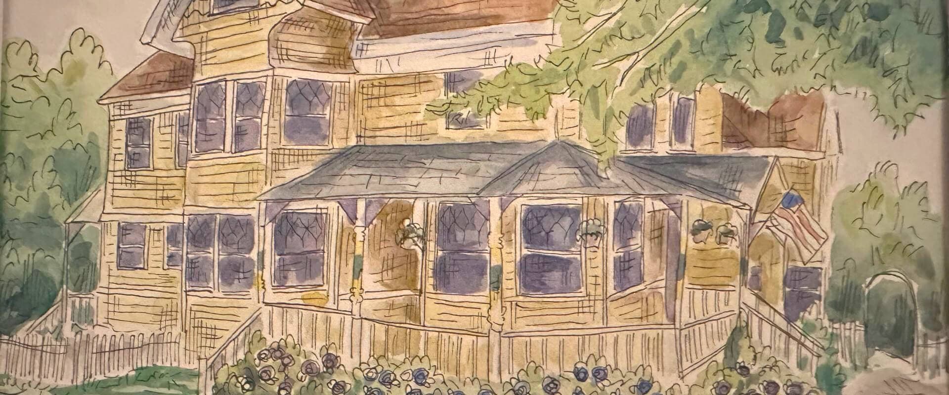 A watercolor illustration of a large, yellow Victorian house with a wraparound porch and lush greenery.